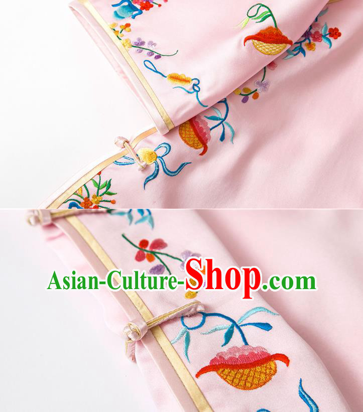 China Traditional Tang Suit Outer Garment Pink Silk Coat Embroidered Butterfly Jacket