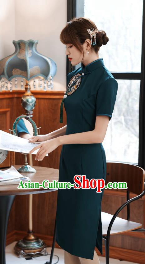 Chinese Traditional Retro Short Cheongsam Classical Peacock Green Qipao Dress