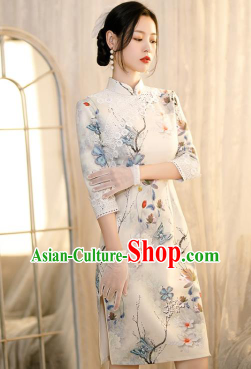 Chinese Traditional Shang Hai White Lace Cheongsam Classical Printing Flowers Qipao Dress