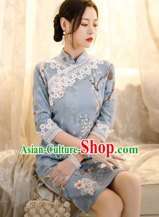 Chinese Classical Printing Flowers Blue Qipao Dress Traditional Shang Hai Cheongsam