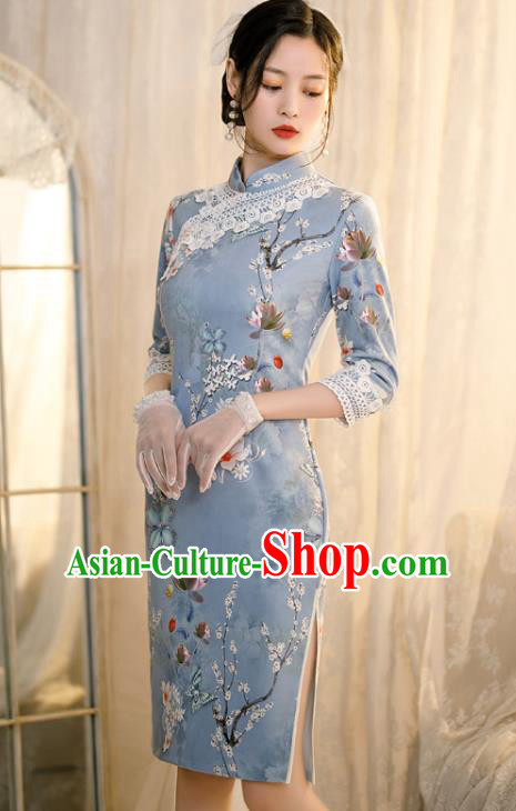 Chinese Classical Printing Flowers Blue Qipao Dress Traditional Shang Hai Cheongsam