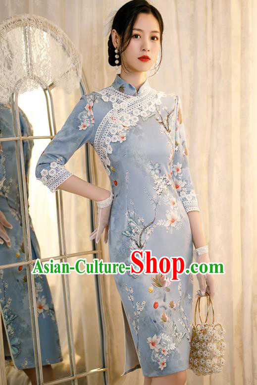 Chinese Classical Printing Flowers Blue Qipao Dress Traditional Shang Hai Cheongsam