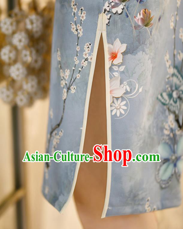 Chinese Classical Printing Flowers Blue Qipao Dress Traditional Shang Hai Cheongsam