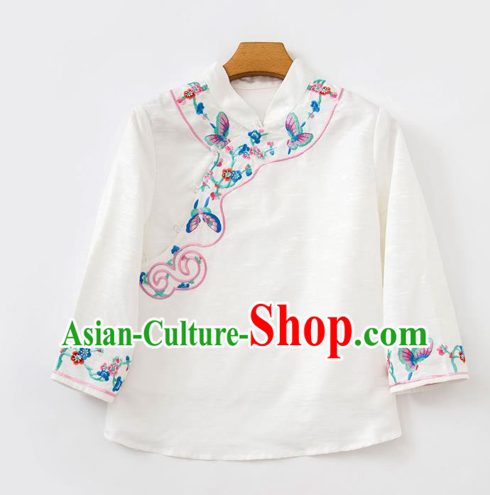 China Women Blouse Traditional Embroidered Butterfly White Flax Shirt Tang Suit Upper Outer Garment