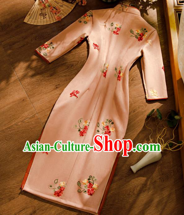 Chinese Classical Winter Qipao Dress Traditional Printing Pink Suede Fabric Cheongsam