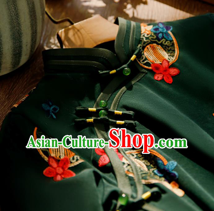 Chinese Traditional Embroidered Deep Green Cheongsam Classical Female Qipao Dress