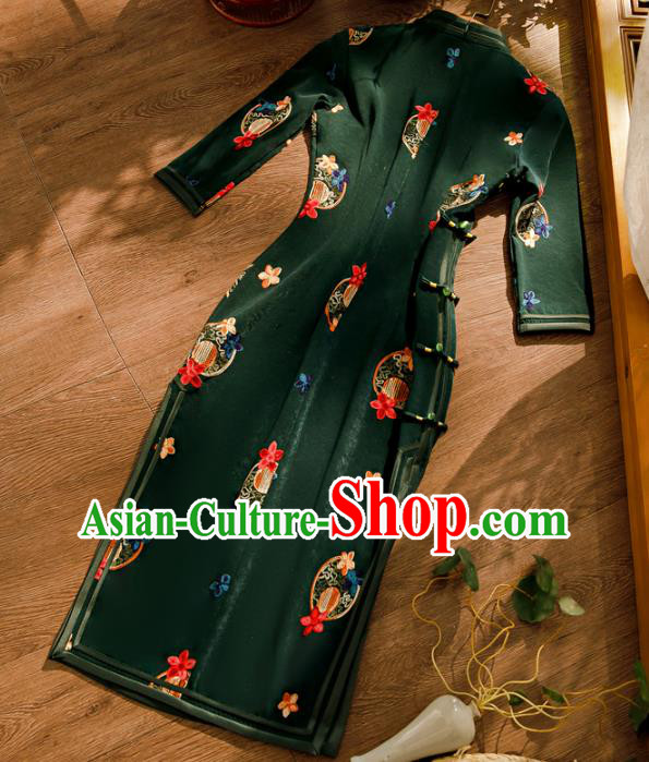 Chinese Traditional Embroidered Deep Green Cheongsam Classical Female Qipao Dress