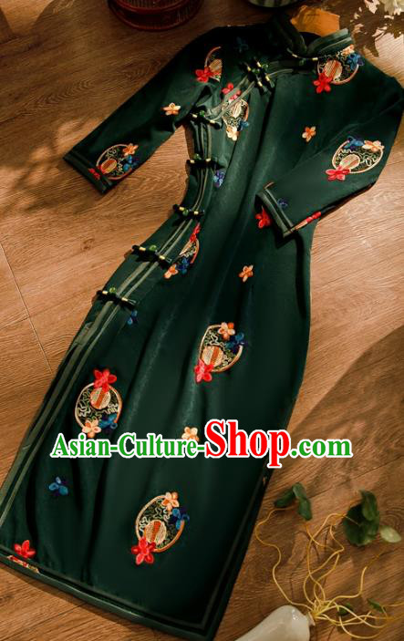 Chinese Traditional Embroidered Deep Green Cheongsam Classical Female Qipao Dress