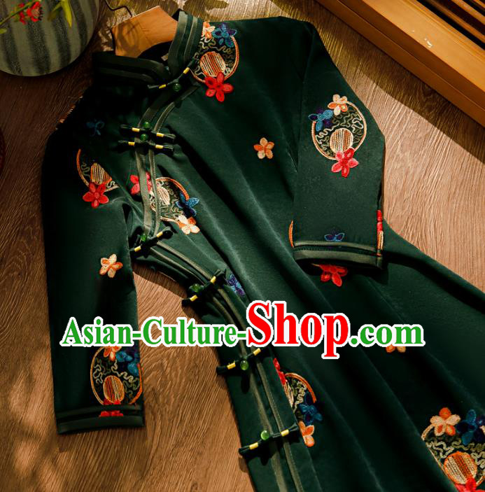 Chinese Traditional Embroidered Deep Green Cheongsam Classical Female Qipao Dress
