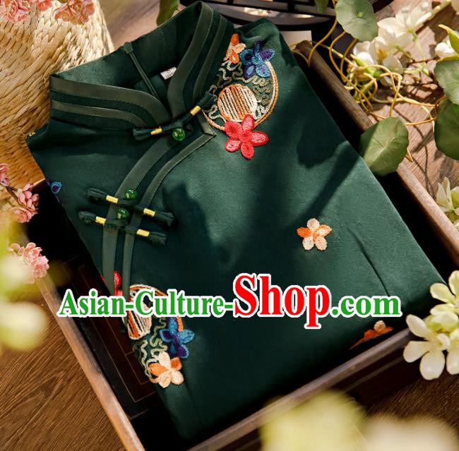 Chinese Traditional Embroidered Deep Green Cheongsam Classical Female Qipao Dress