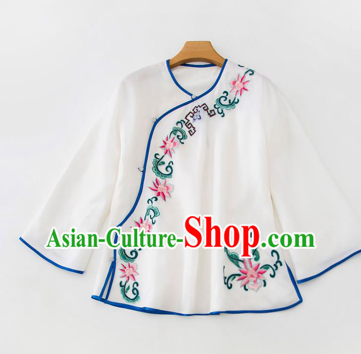 China Traditional Embroidered Flowers White Flax Shirt Tang Suit Upper Outer Garment Women Blouse