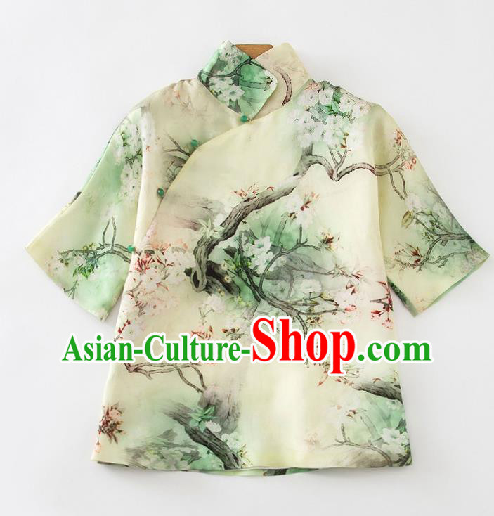 China Traditional Printing Pear Blossom Shirt Tang Suit Upper Outer Garment Women Green Silk Blouse