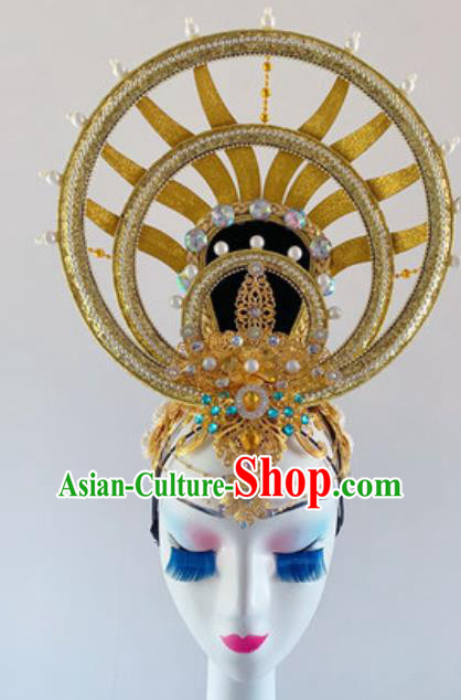 China Traditional Stage Performance Golden Hair Crown Headwear Handmade Classical Dance Wigs Chignon