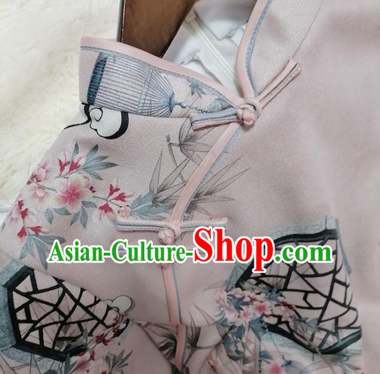 Chinese Classical Printing Plum Bamboo Pink Qipao Dress Traditional Winter Women Cheongsam