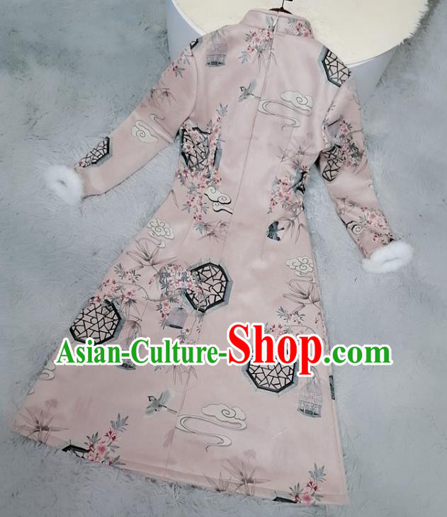 Chinese Classical Printing Plum Bamboo Pink Qipao Dress Traditional Winter Women Cheongsam