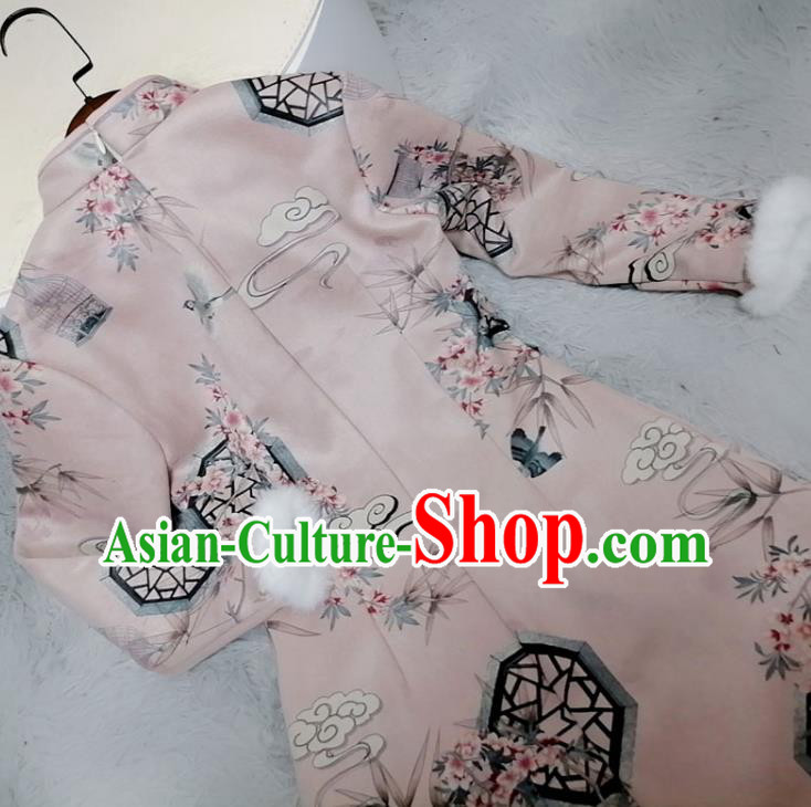 Chinese Classical Printing Plum Bamboo Pink Qipao Dress Traditional Winter Women Cheongsam
