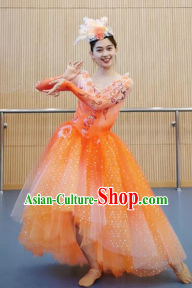 China Modern Dance Stage Performance Orange Dress Opening Dance Costume