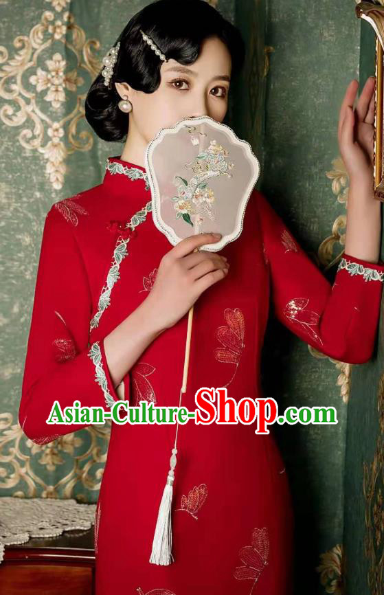 Chinese Classical Dragonfly Pattern Red Qipao Dress Traditional Wedding Cheongsam Bride Toast Clothing