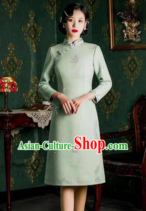 Chinese Traditional Cheongsam Classical Dragonfly Pattern Light Blue Qipao Dress