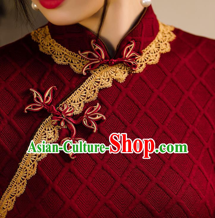 Chinese Traditional Wine Red Knitted Cheongsam Classical Wedding Women Qipao Dress