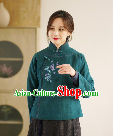 China National Green Jacket Winter Women Clothing Tang Suit Embroidered Short Coat