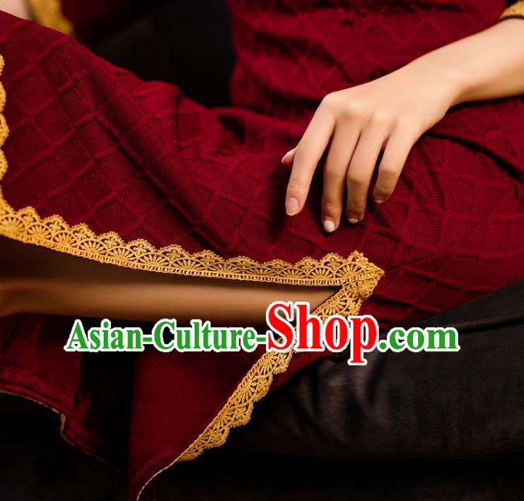 Chinese Traditional Wine Red Knitted Cheongsam Classical Wedding Women Qipao Dress