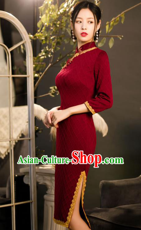 Chinese Traditional Wine Red Knitted Cheongsam Classical Wedding Women Qipao Dress