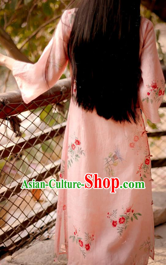 Chinese National Round Collar Qipao Dress Traditional Printing Pink Ramie Cheongsam