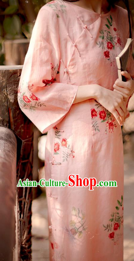 Chinese National Round Collar Qipao Dress Traditional Printing Pink Ramie Cheongsam