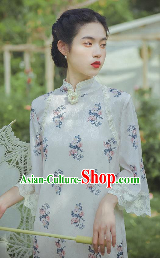 Chinese Traditional Printing White Flax Cheongsam Clothing National Stand Collar Qipao Dress