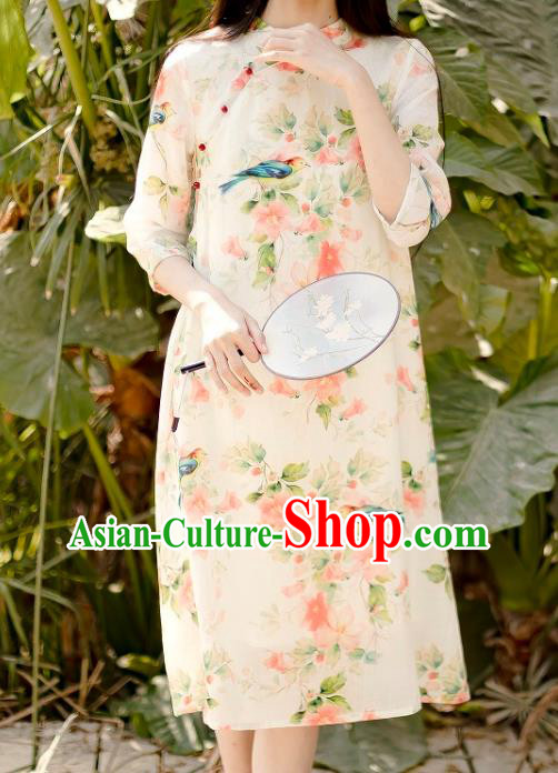 Chinese National Printing Flowers Bird Beige Ramine Qipao Dress Traditional Cheongsam Clothing