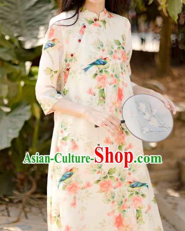 Chinese National Printing Flowers Bird Beige Ramine Qipao Dress Traditional Cheongsam Clothing