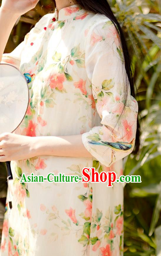Chinese National Printing Flowers Bird Beige Ramine Qipao Dress Traditional Cheongsam Clothing