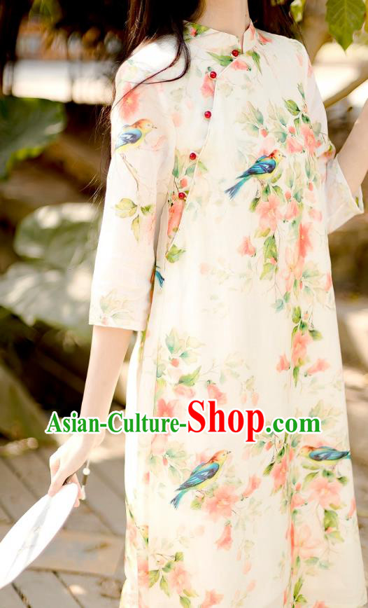 Chinese National Printing Flowers Bird Beige Ramine Qipao Dress Traditional Cheongsam Clothing
