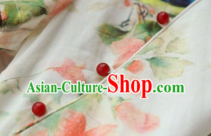 Chinese National Printing Flowers Bird Beige Ramine Qipao Dress Traditional Cheongsam Clothing