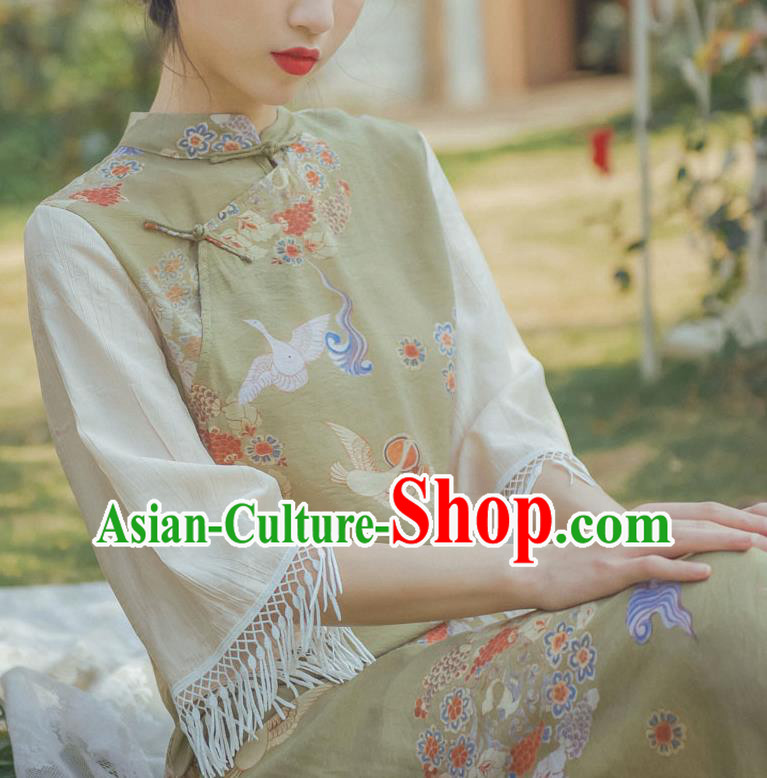 Chinese National Light Green Qipao Dress Traditional Wide Sleeve Cheongsam Clothing