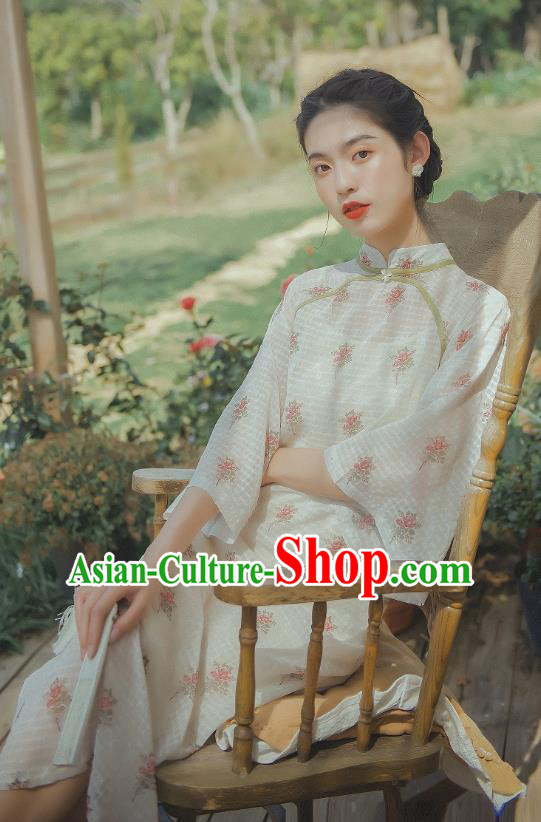 Chinese Traditional Wide Sleeve Cheongsam Clothing National Printing White Chiffon Qipao Dress