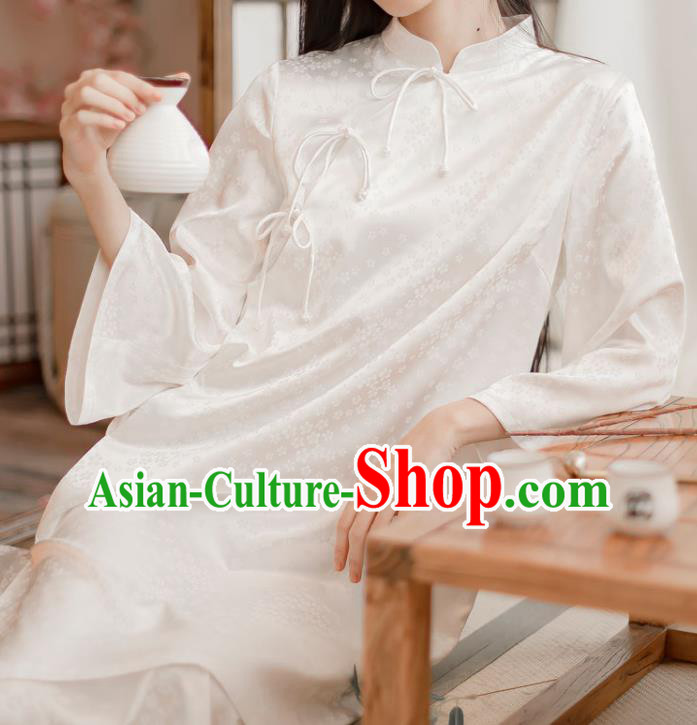 Chinese Traditional Slant Opening Cheongsam Clothing National White Silk Qipao Dress