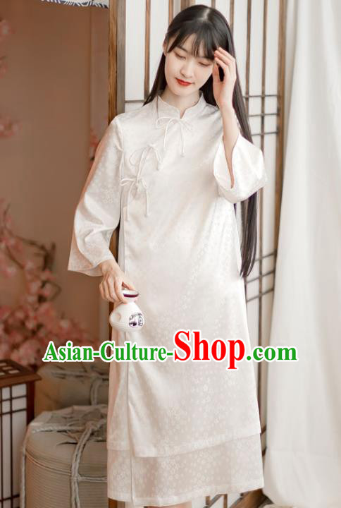 Chinese Traditional Slant Opening Cheongsam Clothing National White Silk Qipao Dress