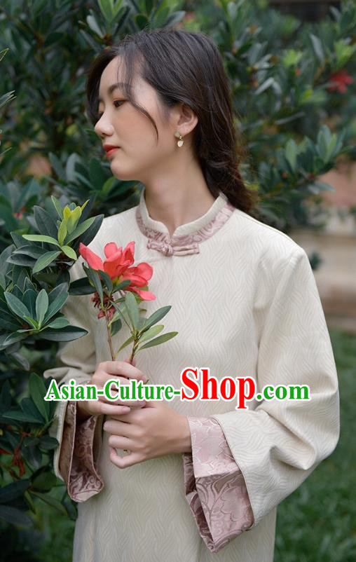 Chinese Traditional Tang Suit Cheongsam Clothing National Beige Suede Qipao Dress