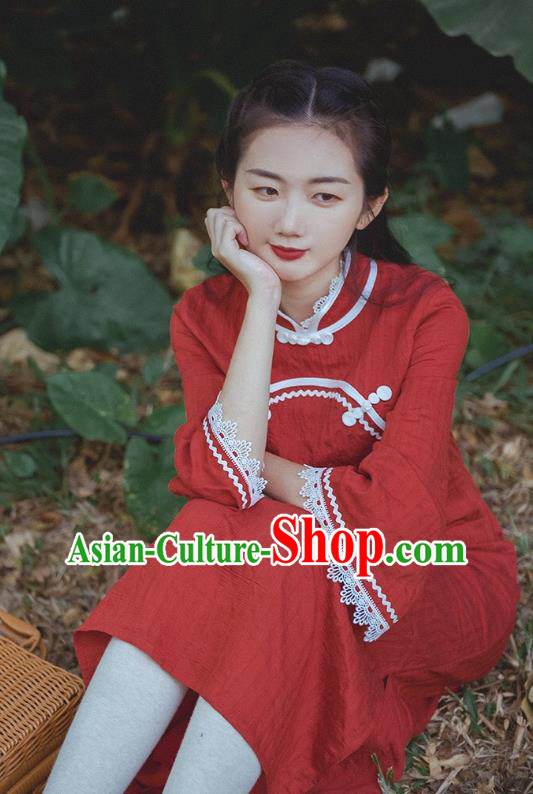 Chinese Traditional Lace Sleeve Red Cheongsam Clothing National Shanghai Young Girl Qipao Dress