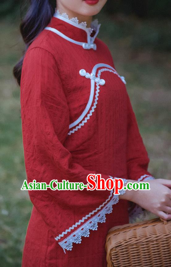 Chinese Traditional Lace Sleeve Red Cheongsam Clothing National Shanghai Young Girl Qipao Dress