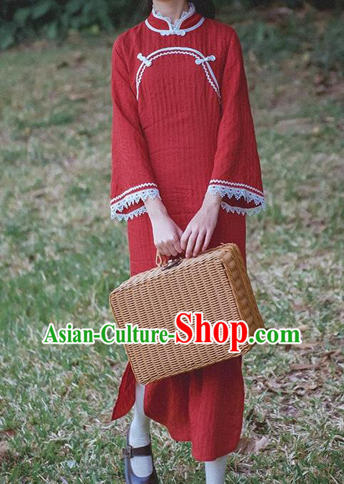 Chinese Traditional Lace Sleeve Red Cheongsam Clothing National Shanghai Young Girl Qipao Dress