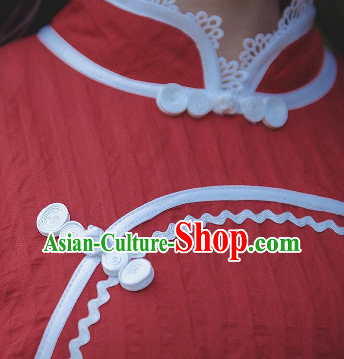 Chinese Traditional Lace Sleeve Red Cheongsam Clothing National Shanghai Young Girl Qipao Dress