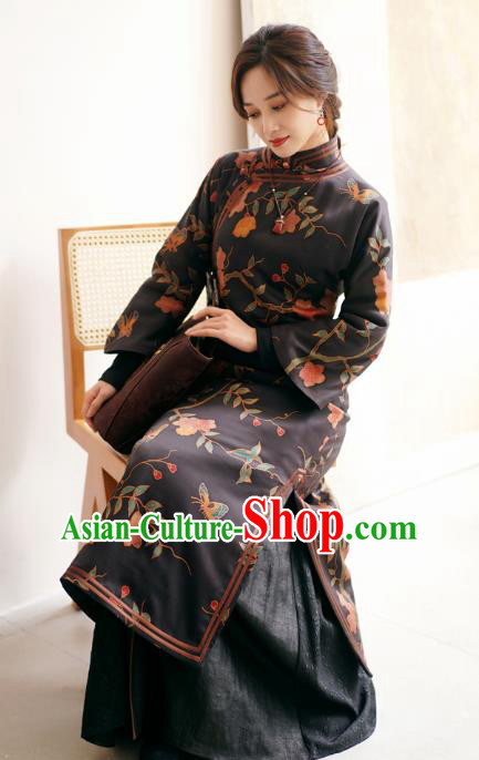 China Black Silk Qipao Dress Female Gambiered Guangdong Gauze Long Cheongsam