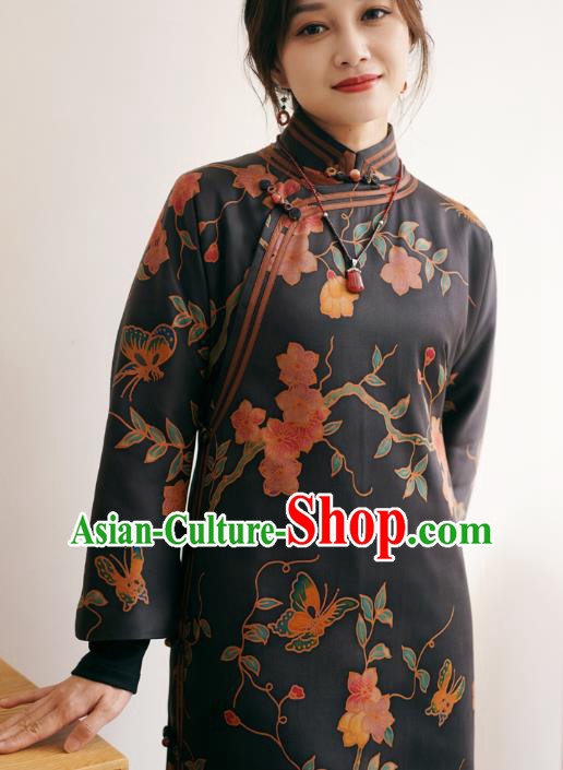 China Black Silk Qipao Dress Female Gambiered Guangdong Gauze Long Cheongsam