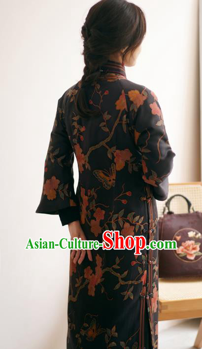 China Black Silk Qipao Dress Female Gambiered Guangdong Gauze Long Cheongsam