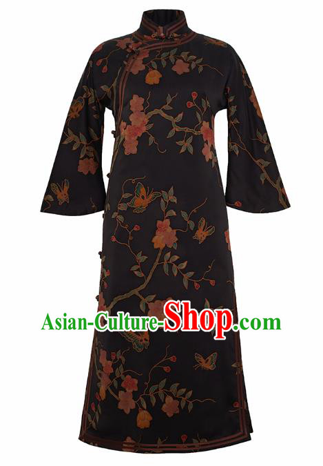 China Black Silk Qipao Dress Female Gambiered Guangdong Gauze Long Cheongsam