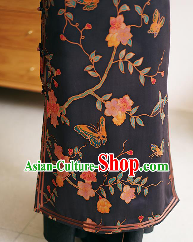 China Black Silk Qipao Dress Female Gambiered Guangdong Gauze Long Cheongsam