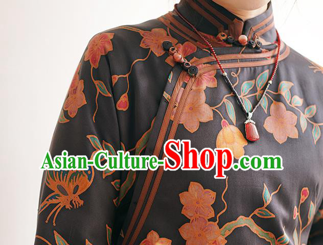 China Black Silk Qipao Dress Female Gambiered Guangdong Gauze Long Cheongsam